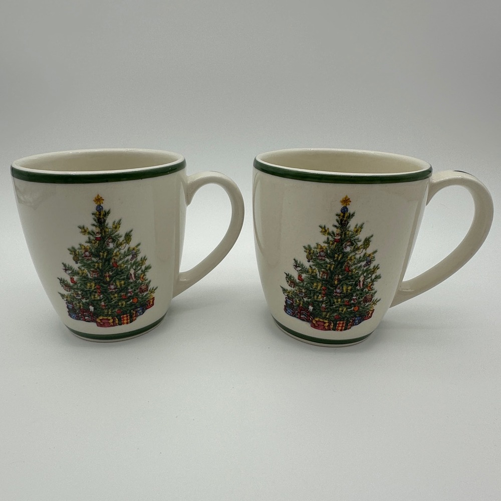2 Christopher Radko Christmas Tree Coffee Mugs Holiday Ceramic Tea Cups 4 inch